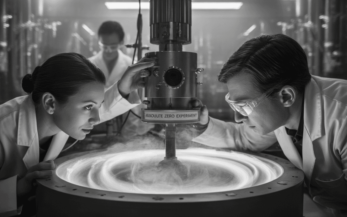 Deux chercheurs en labos observent un appareil pour une expérience à très basse température, entourés de vapeur et d'équipements scientifiques.