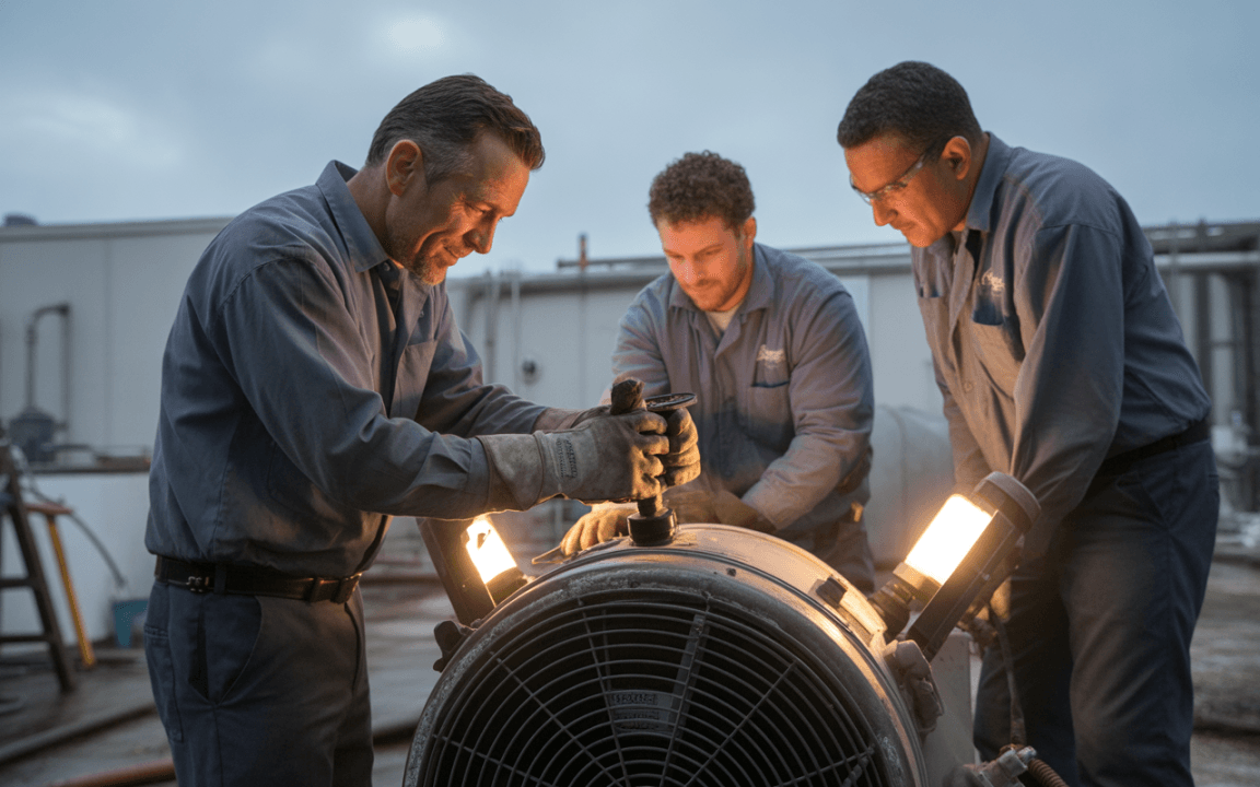 Trois techniciens en uniformes analysent et réparent un moteur sur un site industriel, éclairés par des lumières.