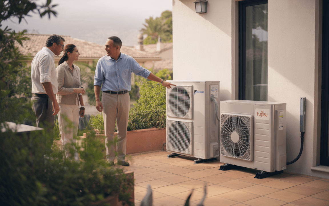 Trois personnes discutent près de deux climatiseurs extérieurs sur une terrasse, entourées de verdure. L'environnement est ensoleillé et accueillant.