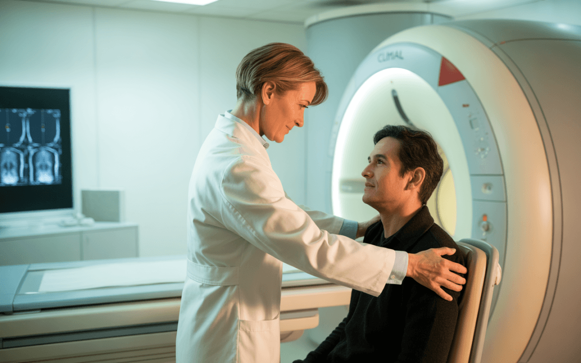 Un médecin en blouse blanche prépare un patient pour un examen d'imagerie médicale dans une salle moderne, avec un scanner en arrière-plan.