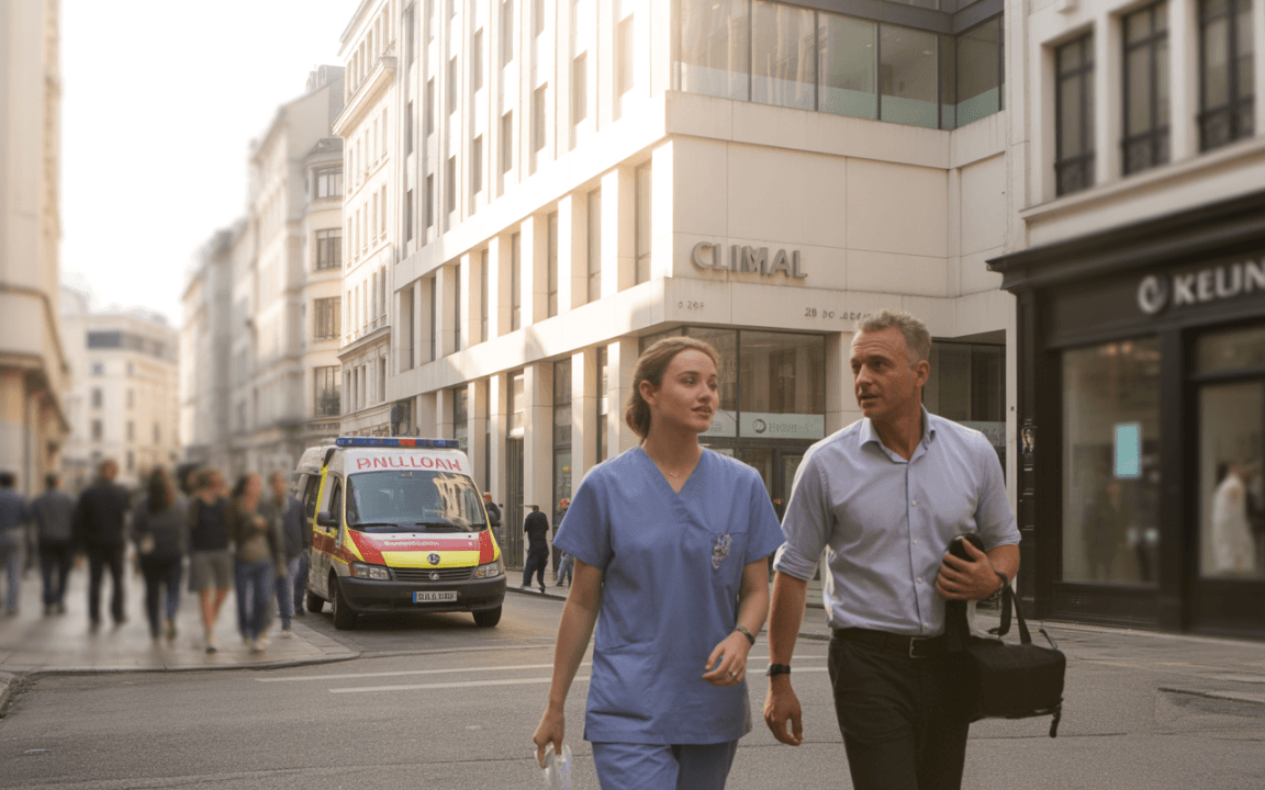 Deux personnes marchent dans une rue, une jeune femme en tenue médicale et un homme en chemise, près d'une ambulance.
