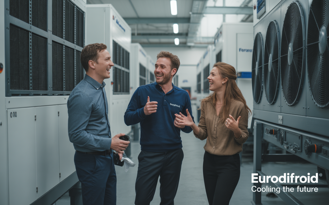 Trois personnes souriantes échangent dans un environnement industriel, entourées de grands équipements de refroidissement. Logo Eurodifroid en bas à droite.