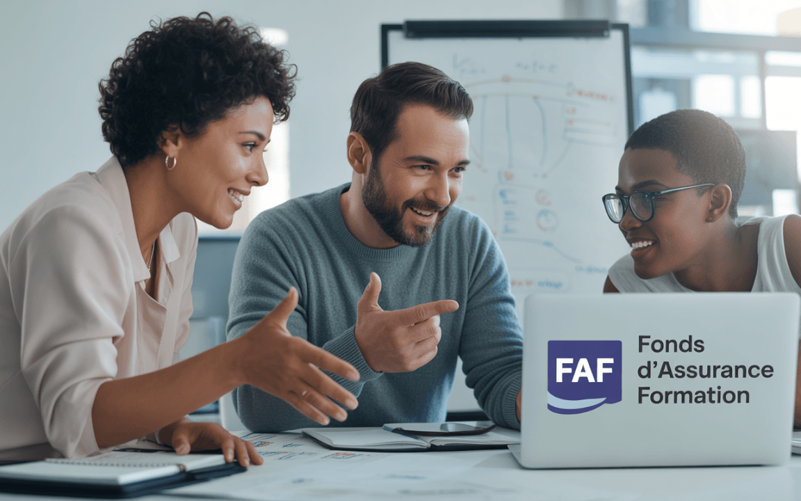 Trois personnes discutent autour d'un ordinateur portable, avec le logo "FAF" visible. Ambiance collaborative et professionnelle.