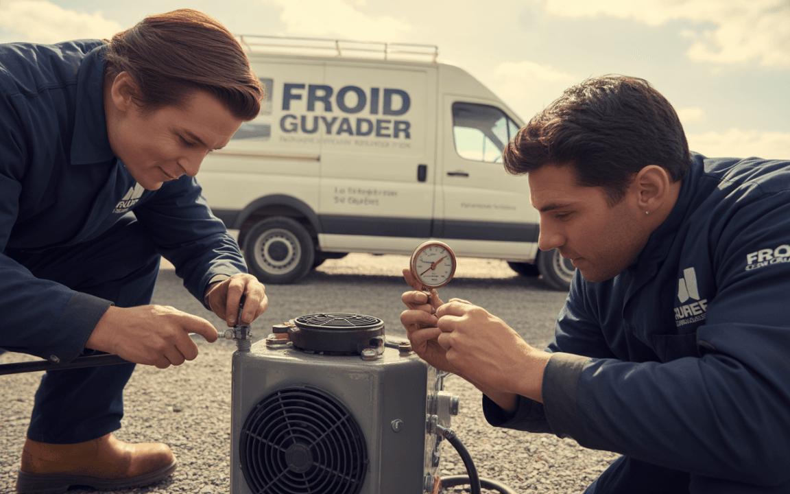 Deux techniciens travaillent sur un équipement de réfrigération, vérifiant des pressions avec des outils, près d'un véhicule de service.