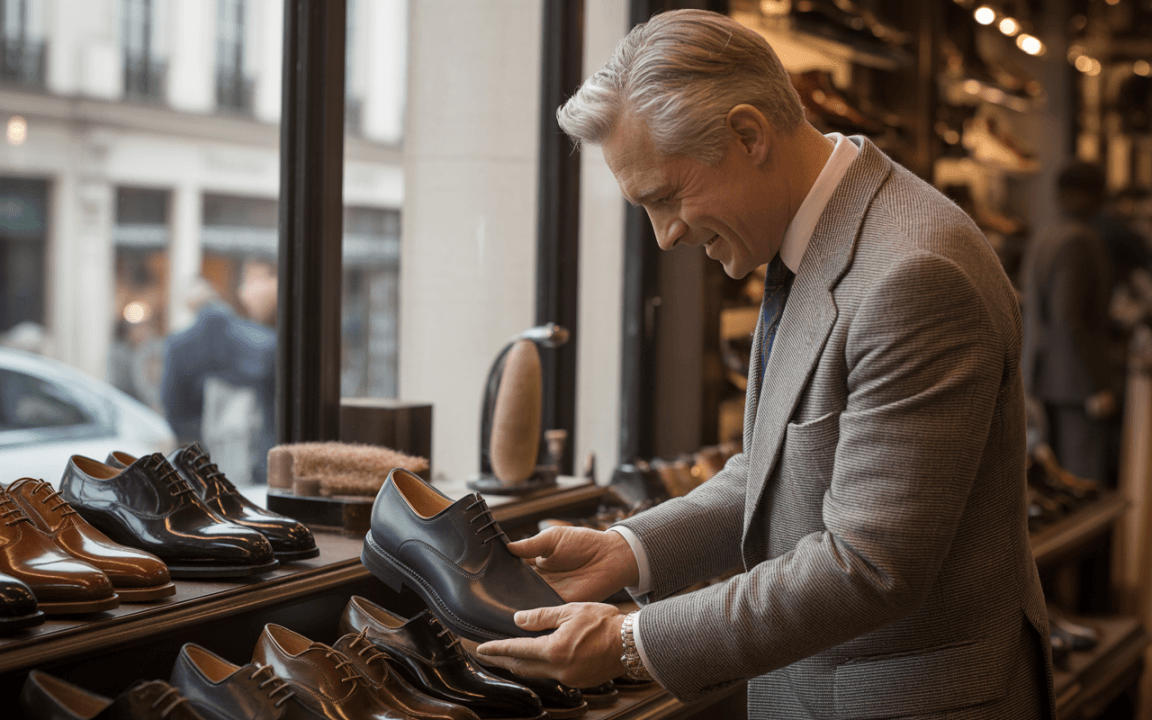 Un homme en costume examine des chaussures élégantes dans un magasin, avec des modèles variés en arrière-plan.