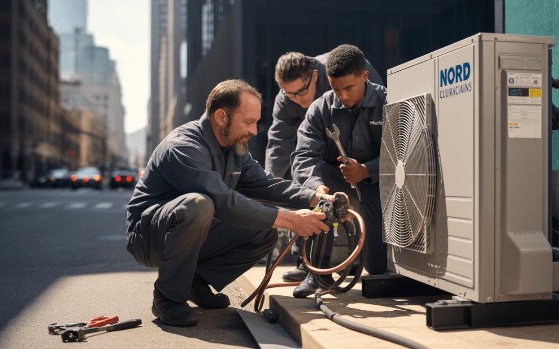 Trois techniciens en uniforme, travaillant sur un climatiseur installé sur le trottoir, avec des outils à proximité.