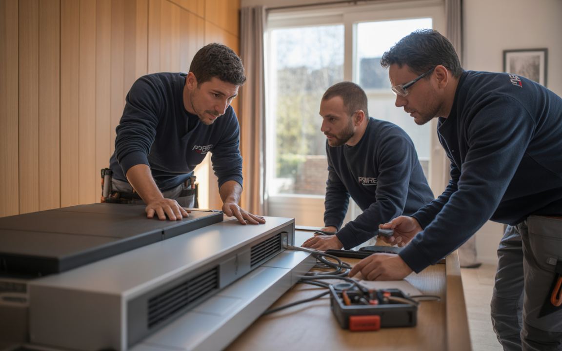 Trois techniciens inspectent un appareil électronique dans un intérieur moderne, avec des outils et des câbles dispersés autour d'eux.