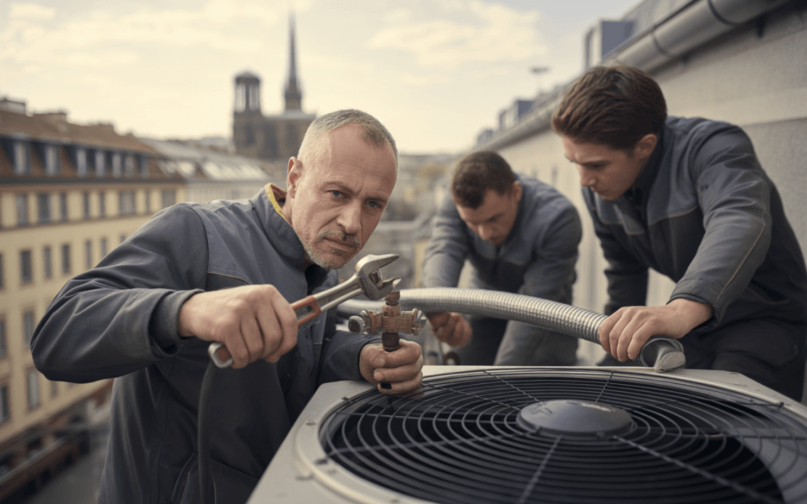 Trois techniciens en rénovation travaillent sur un climatiseur sur un toit, avec une ville en arrière-plan.