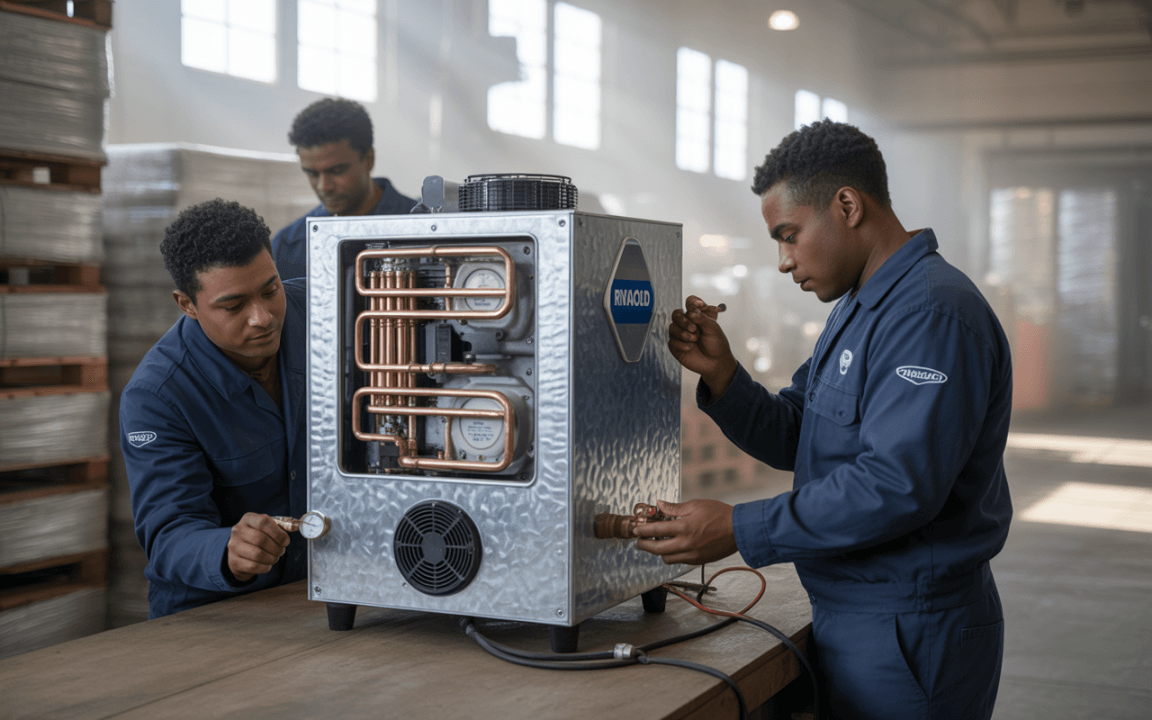 Deux techniciens en uniforme travaillent sur un système de réfrigération en métal, vérifiant des composants dans un environnement industriel.