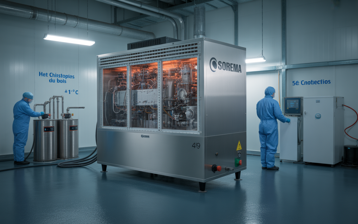 Deux techniciens en bleu manipulent des équipements dans une salle propre, avec une machine Sorema en acier inoxydable au centre.