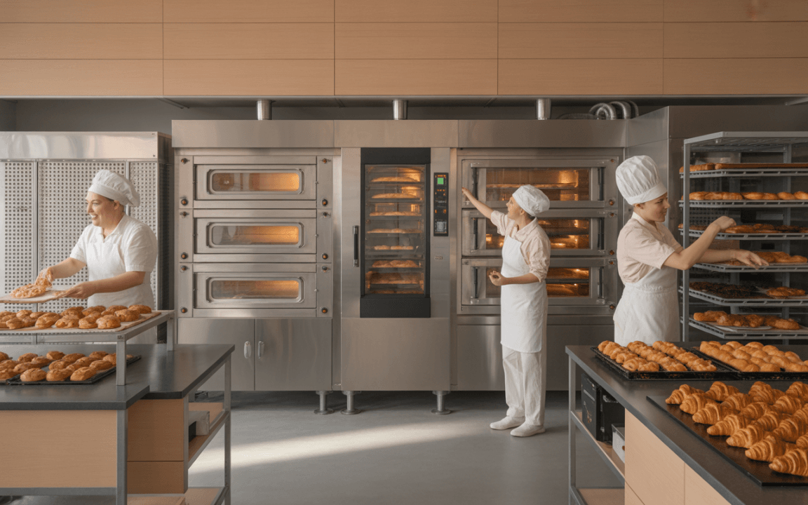 Trois boulangers travaillent ensemble dans une boulangerie moderne, utilisant des fours pour préparer des croissants et pâtisseries dorées.