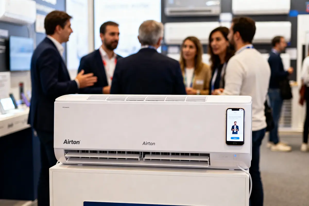 Climatiseur Airton exposé, téléphone posé dessus, arrière-plan flou avec plusieurs personnes discutant en réunion.