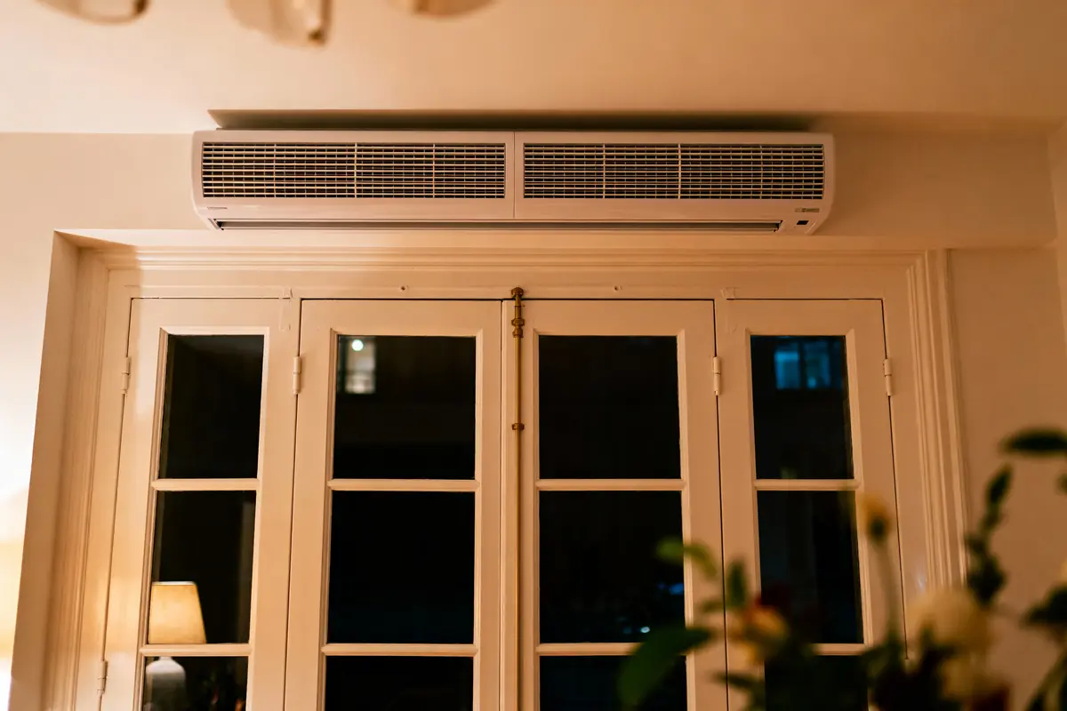 Climatiseur mural installé au-dessus de portes vitrées avec ambiance chaleureuse et lumières tamisées.