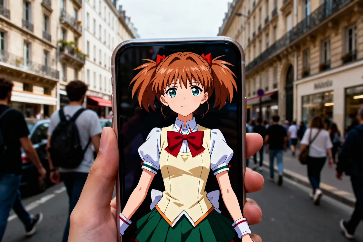 Personnage animé sur smartphone, tenu devant une scène urbaine animée avec des passants et des bâtiments anciens.