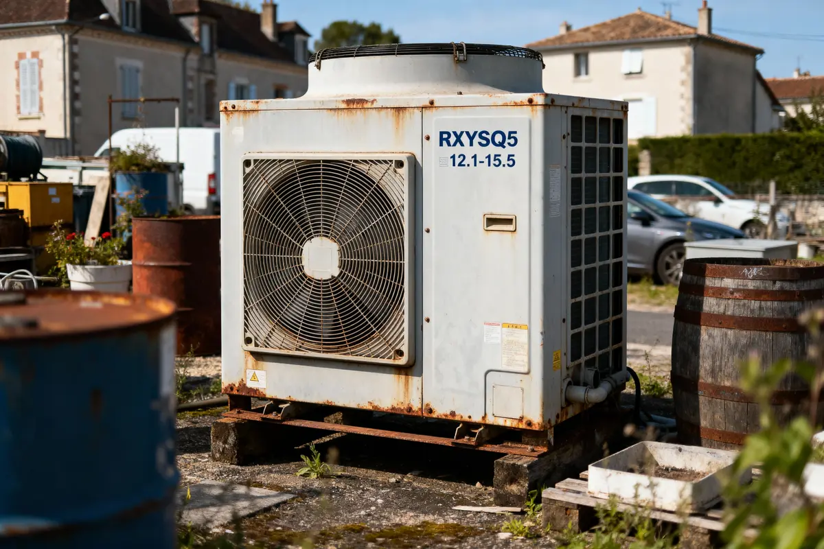 Unité de climatisation extérieure usagée dans une cour avec bâtiments en arrière-plan.