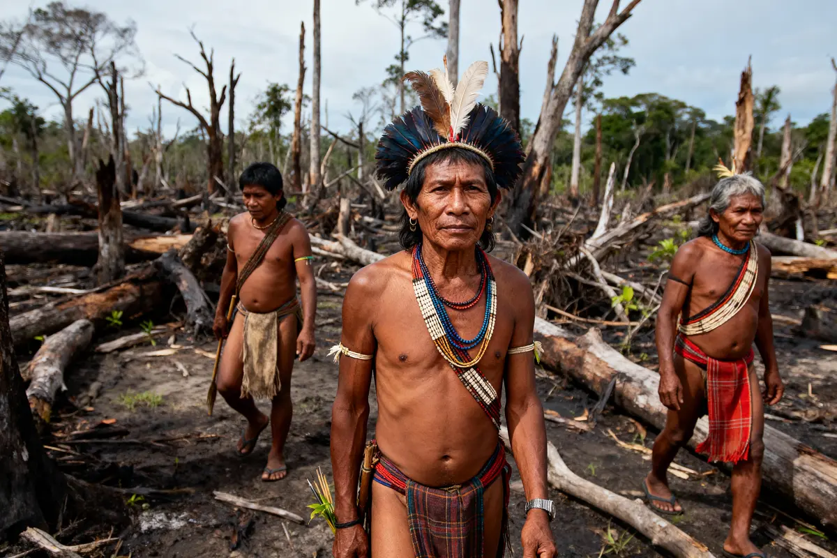 Trois hommes autochtones marchant dans une forêt défrichée, portant des tenues traditionnelles et des coiffes à plumes.