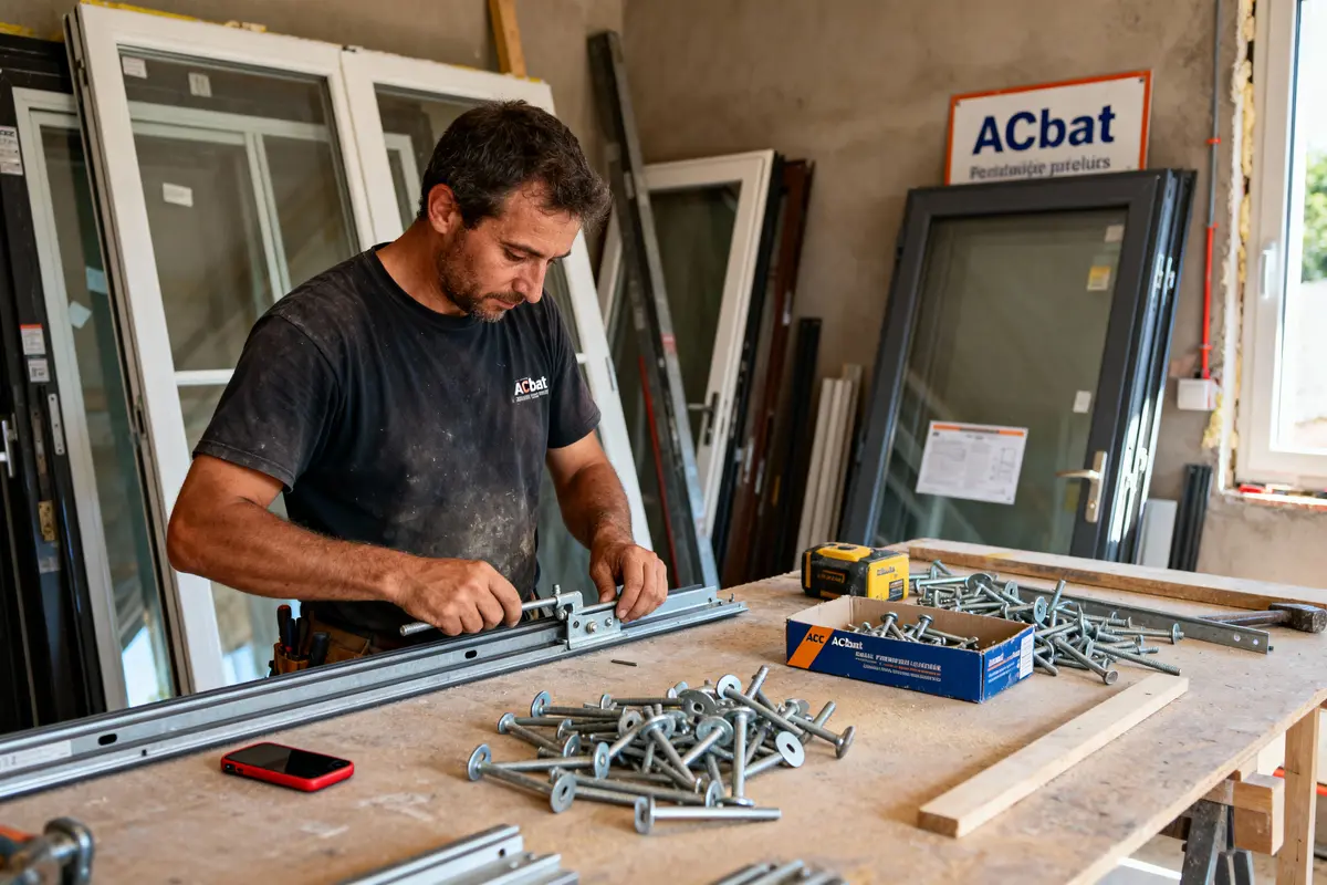 Un homme travaille à assembler des cadres de fenêtres avec outils et vis dans un atelier.