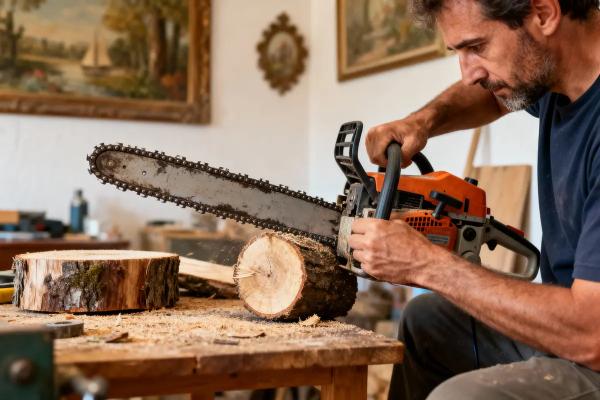 Homme coupant un morceau de bois avec une tronçonneuse dans un atelier de menuiserie.