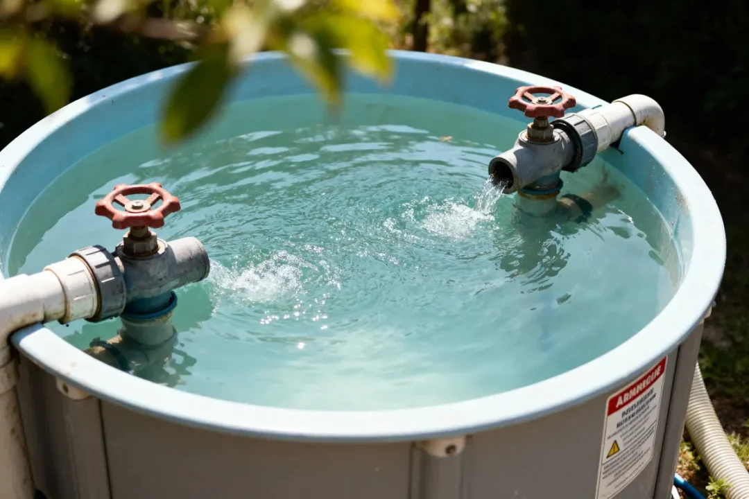 Réservoir d'eau cylindrique avec deux tuyaux métalliques et robinets rouges, extérieur ensoleillé.