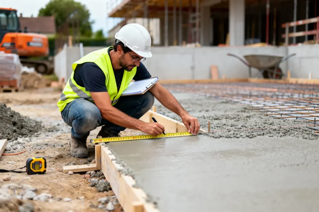 Ouvrier portant casque et gilet mesure béton frais sur chantier de construction avec mètre ruban.