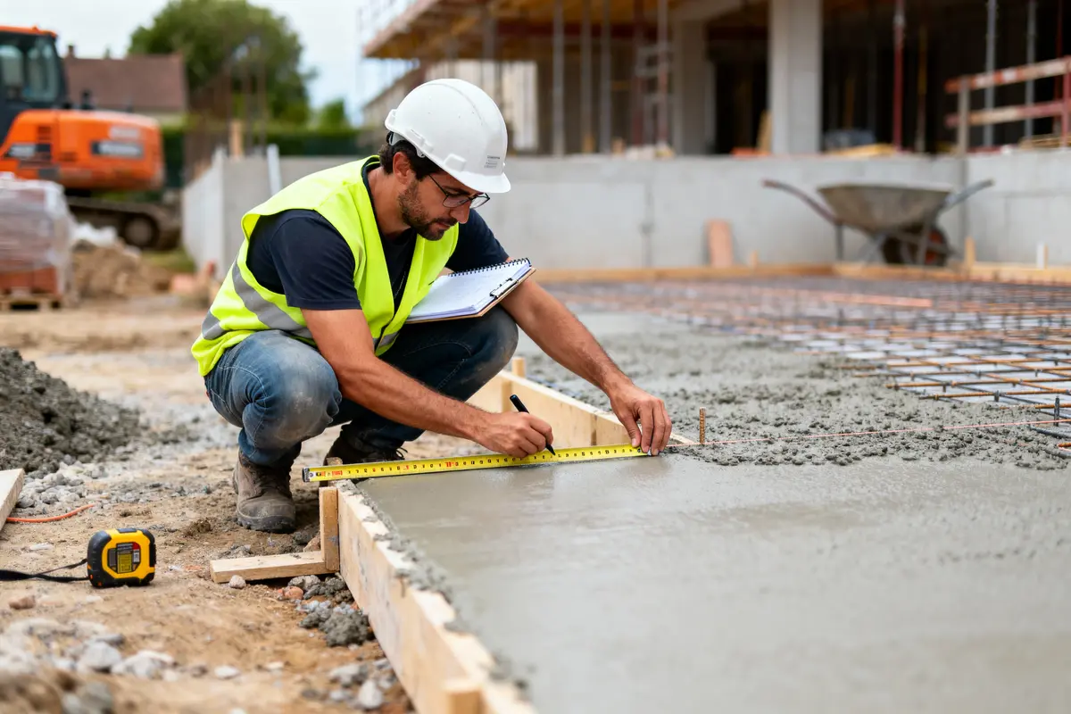 Ouvrier portant casque et gilet mesure béton frais sur chantier de construction avec mètre ruban.