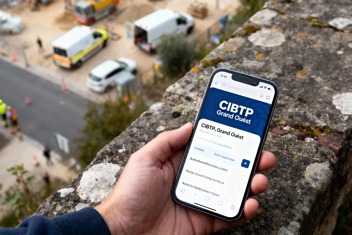 Main tenant un smartphone affichant l'application CIBTP Grand Ouest, vue d'un chantier en arrière-plan.