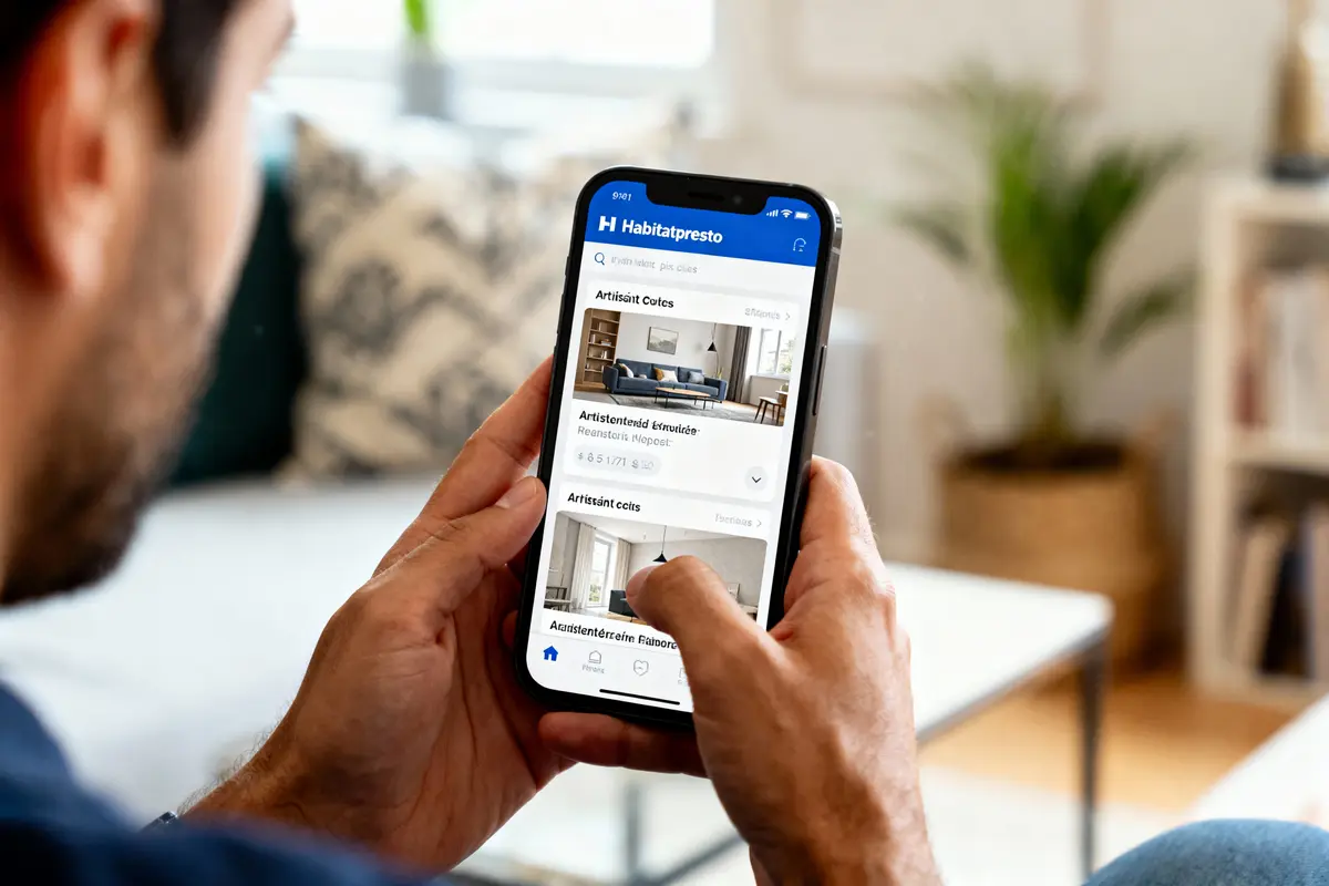 Personne utilisant une application sur smartphone, intérieur cosy, avec une plante en arrière-plan flou.