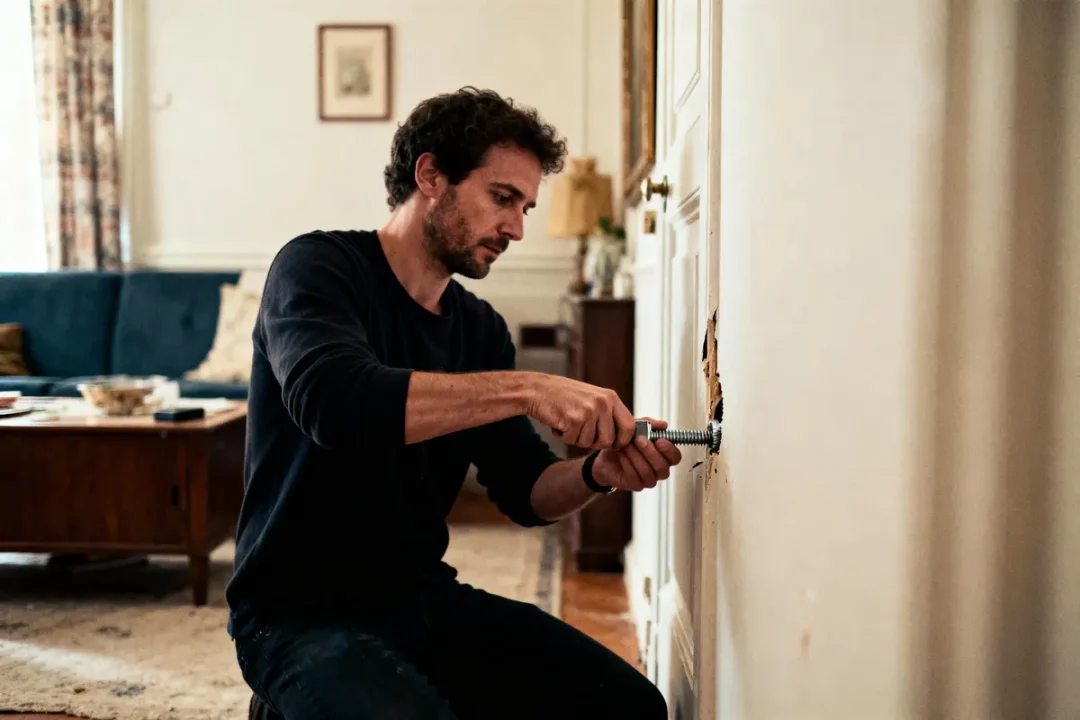 Homme réparant un mur avec un outil, dans un salon confortable avec canapé et meubles en bois.