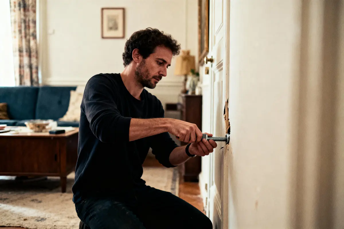 Homme réparant un mur avec un outil, dans un salon confortable avec canapé et meubles en bois.