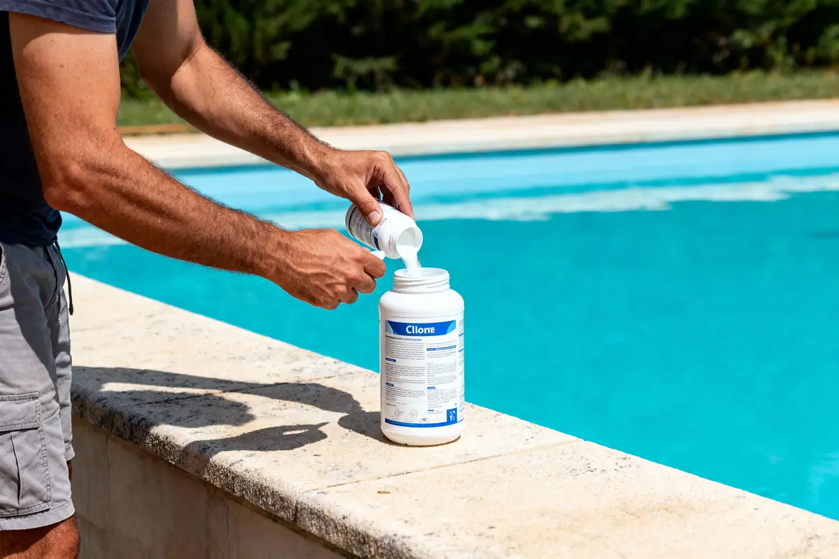 Personne versant chlore dans une bouteille, près d'une piscine bleue.
