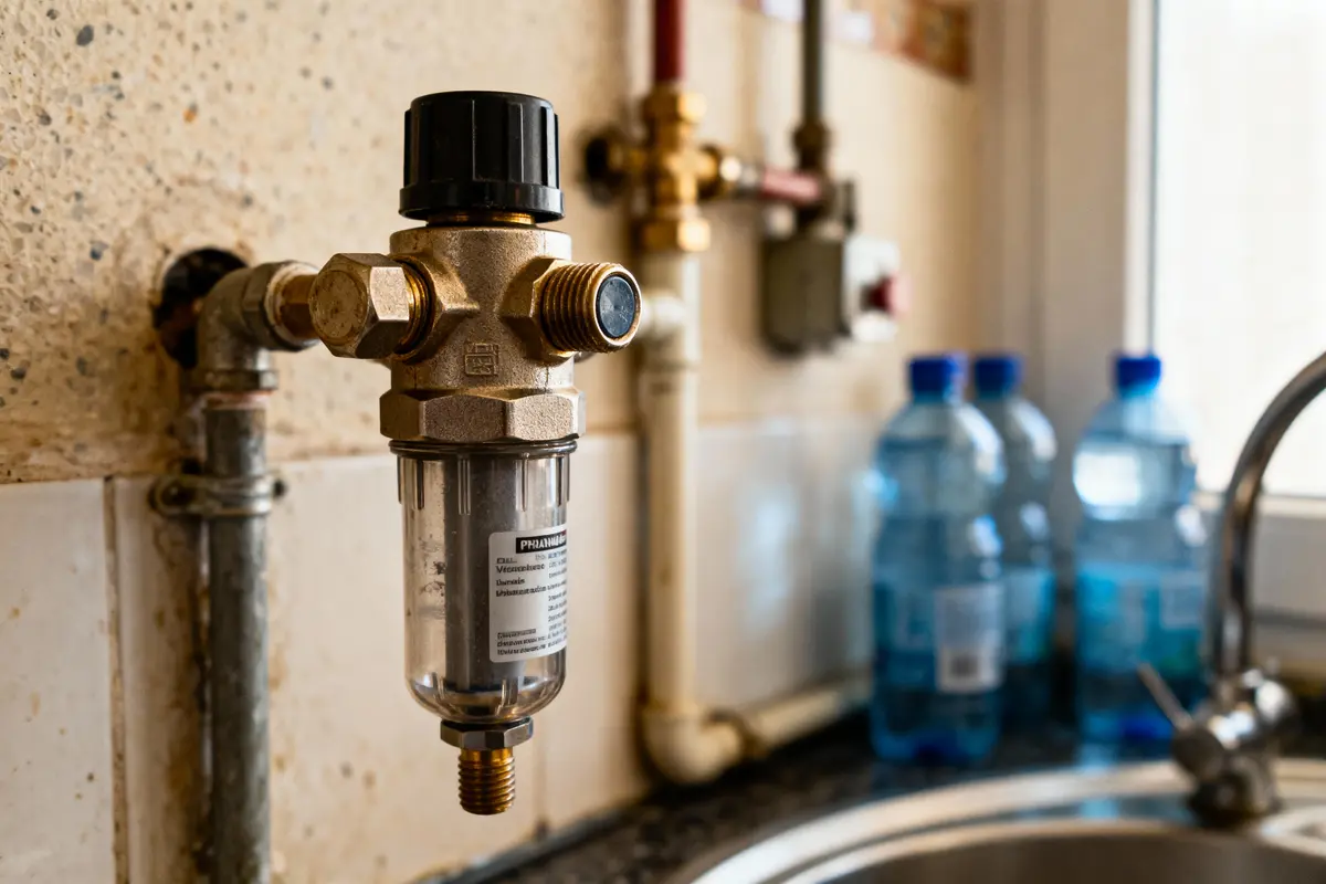 Filtre à eau en métal près d'un évier, bouteilles plastiques à l'arrière-plan flou.