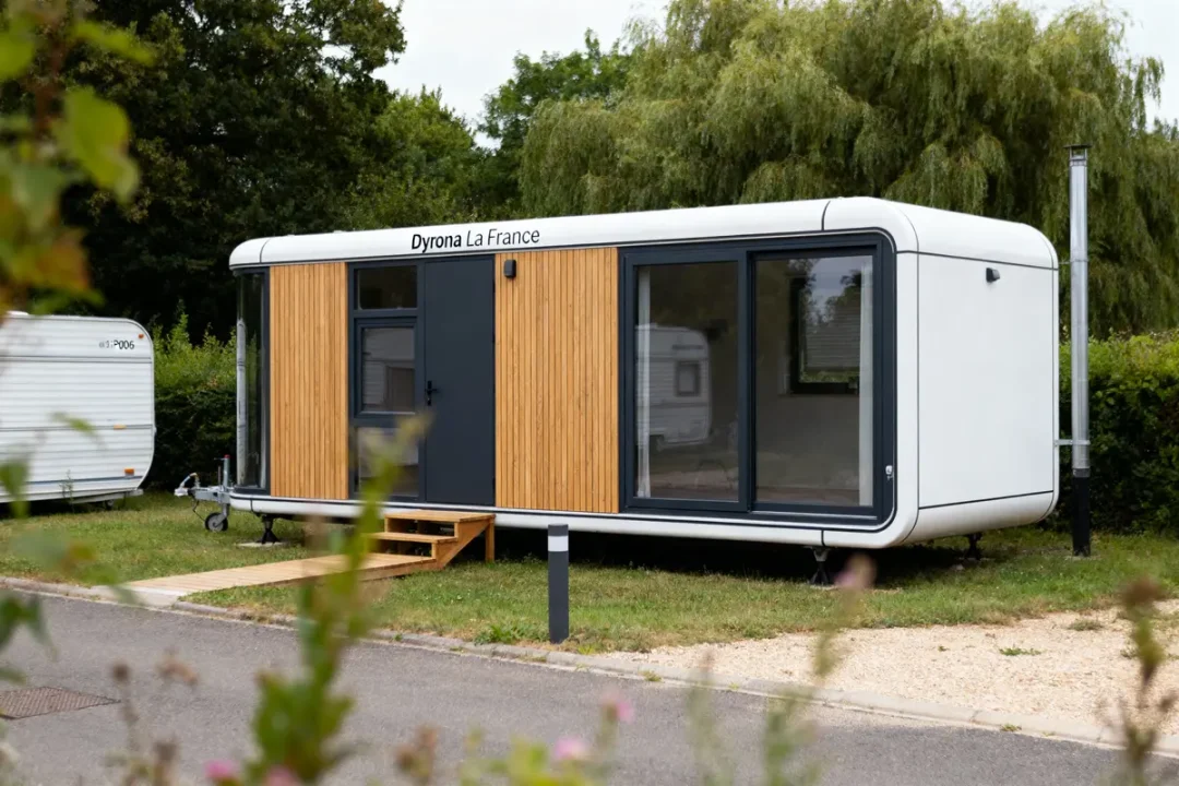 Tiny house moderne avec bardage bois, grandes fenêtres et terrasse, entourée de verdure et d'un autre mobil-home.