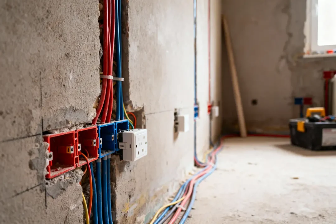 Prises électriques en cours d'installation, câblage coloré visible, chantier intérieur, mur brut, boîte à outils noire.
