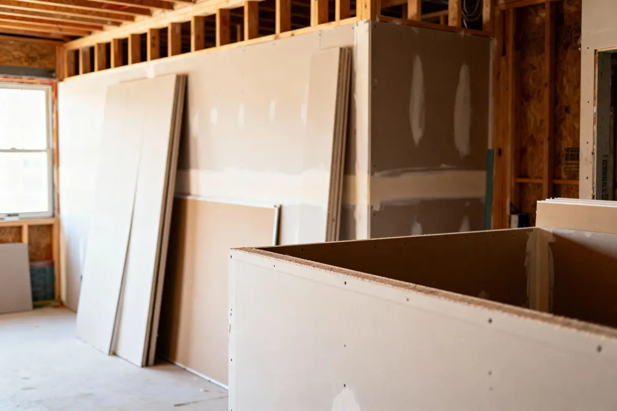 Pièces de placoplâtre empilées dans une pièce en construction avec charpente en bois visible.
