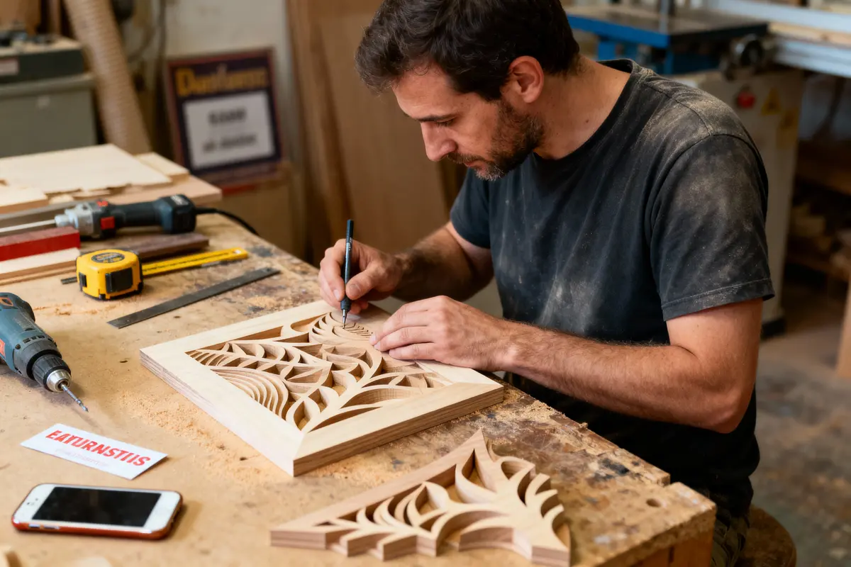 Homme sculptant un motif décoratif en bois dans un atelier, entouré d'outils et d'une pièce similaire.