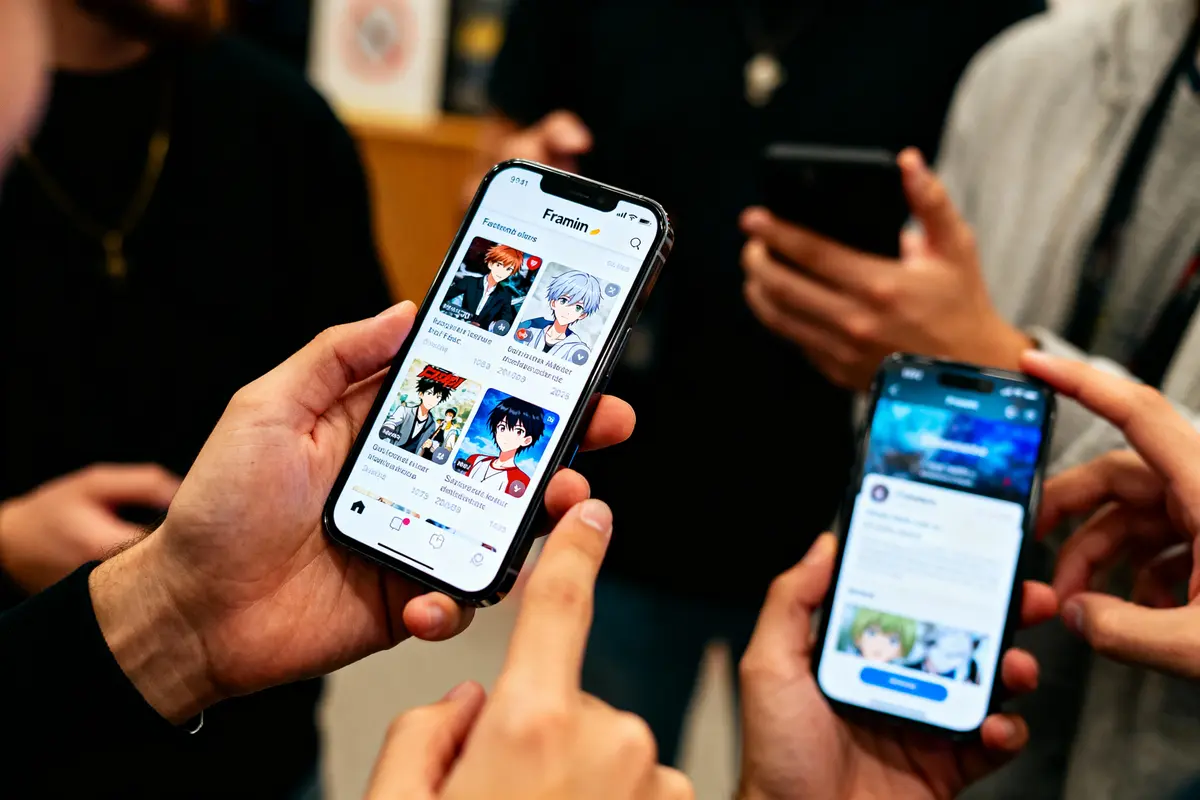 Personnes utilisant des smartphones pour naviguer sur une application de mangas, affichant des couvertures animées et titres.