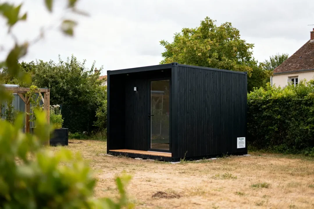 Petite cabane noire moderne dans un jardin, entourée de verdure et herbes sèches. Ciel nuageux.