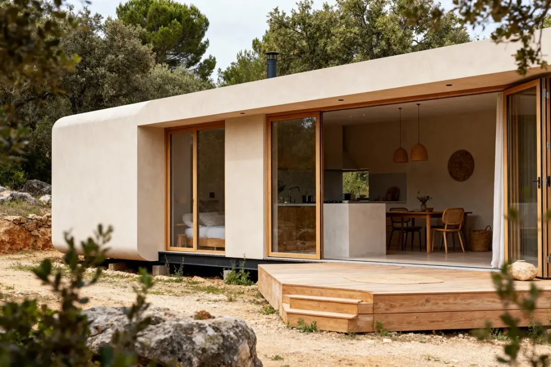 Maison moderne en béton avec de grandes baies vitrées, entourée de végétation, espace intérieur visible.