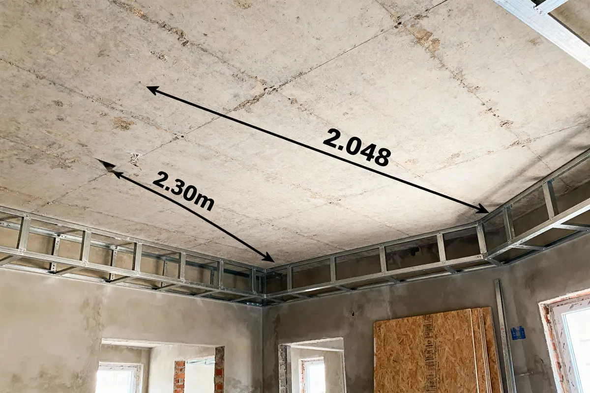 Plafond en construction avec structures métalliques. Dimensions indiquées : 2,30 m et 2,048 m.