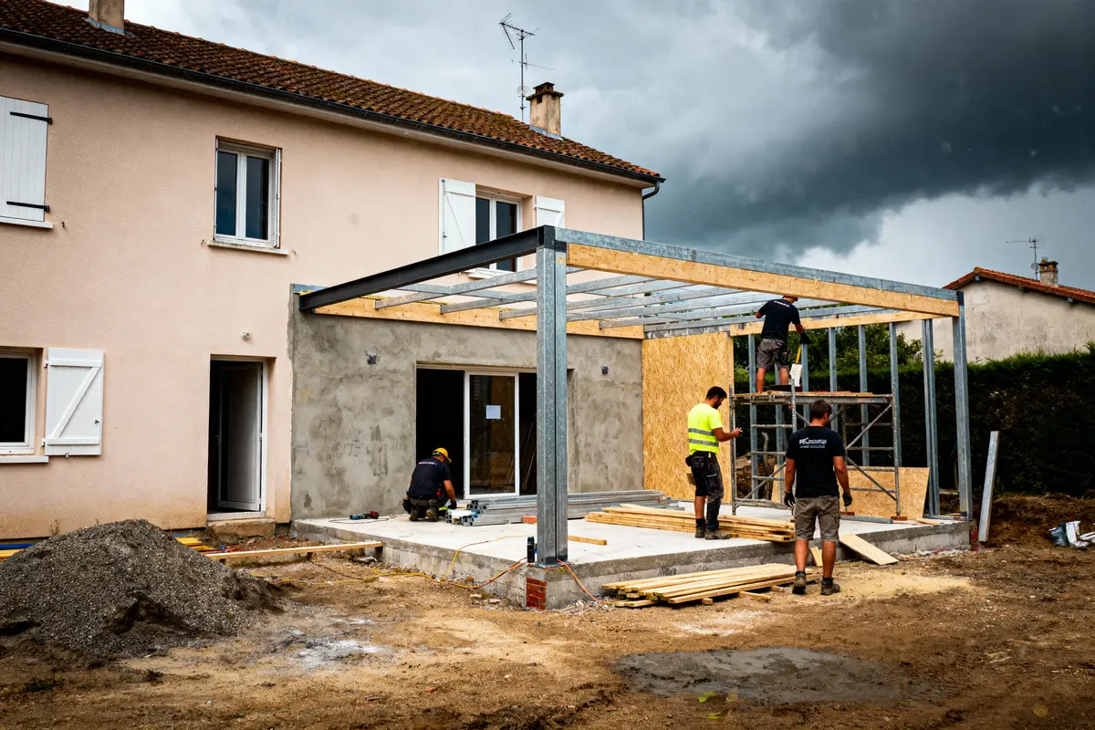 Construction d'une extension en bois et métal à l'arrière d'une maison sous un ciel nuageux.