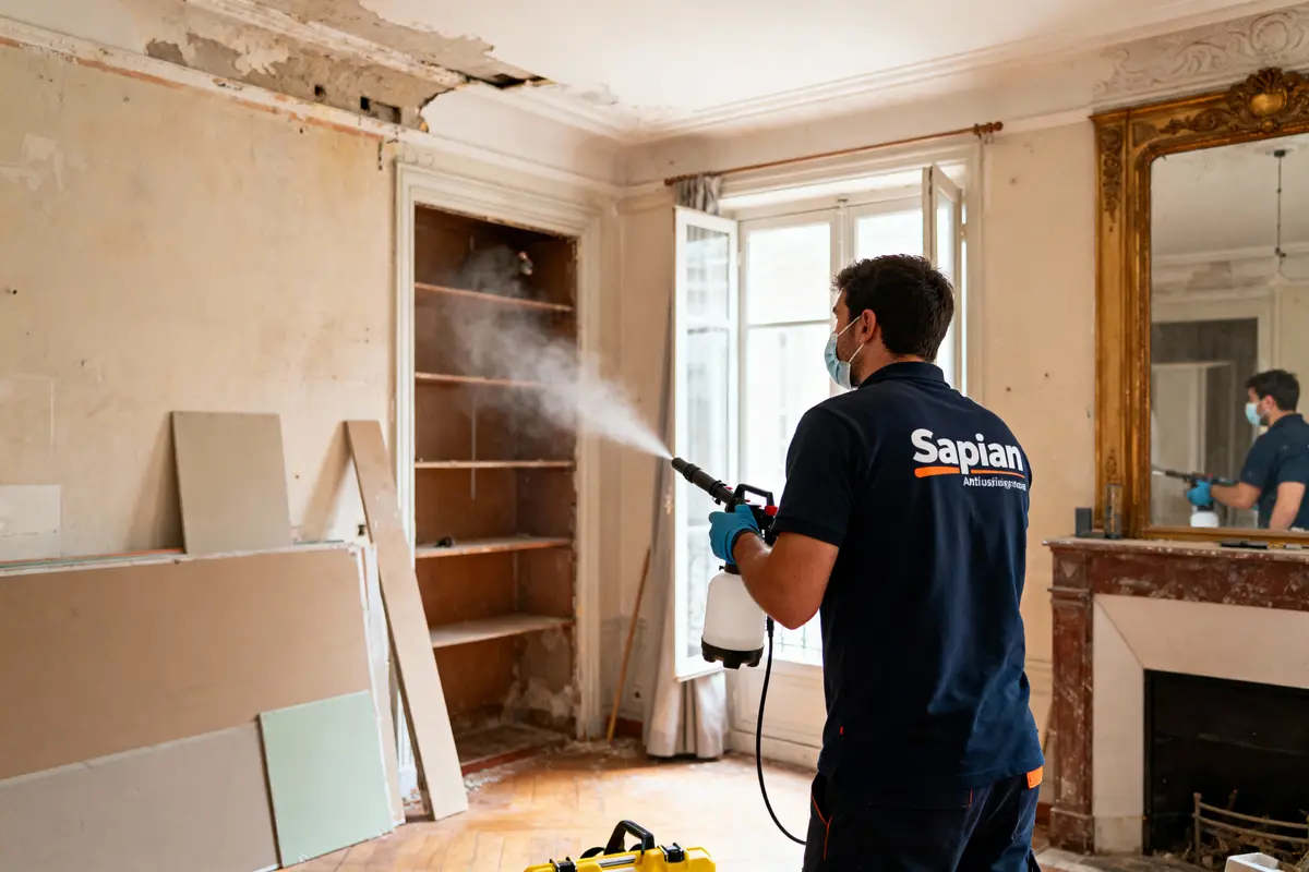 Personne en uniforme pulvérise produit dans pièce abîmée avec cheminée, miroir, étagères et murs dégradés.