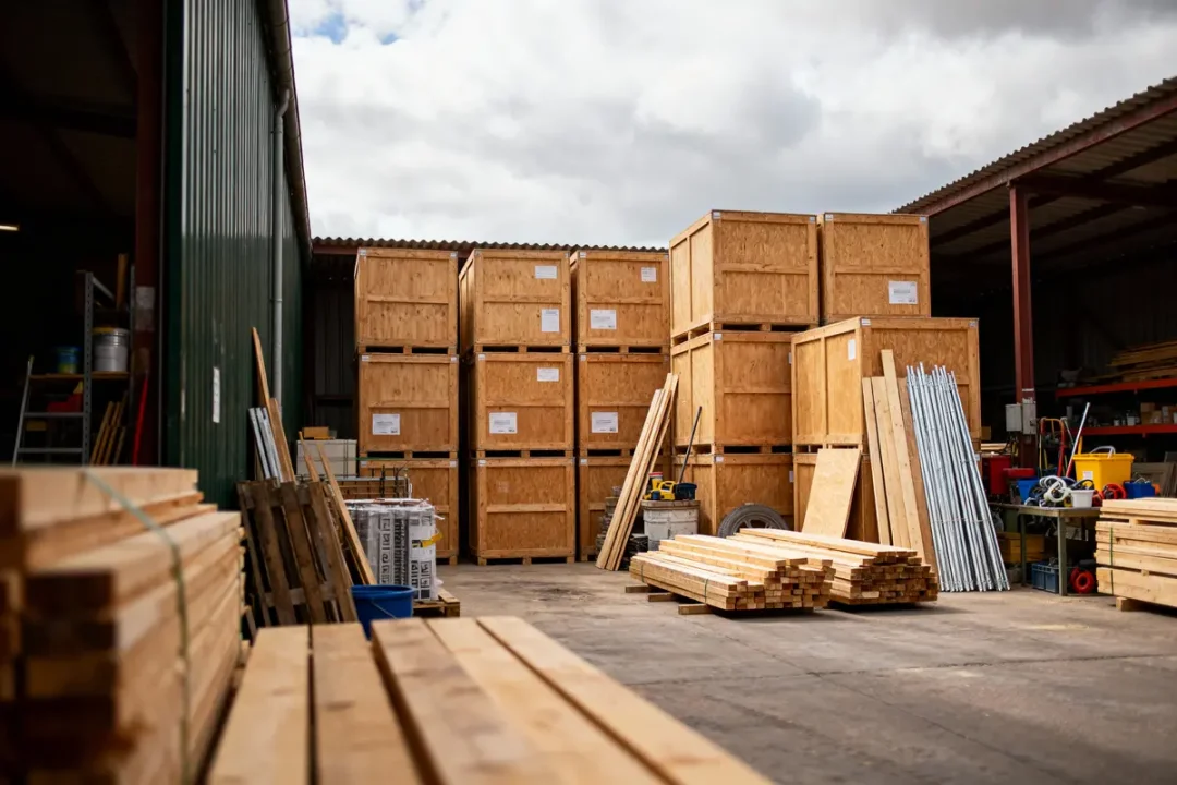 Entrepôt extérieur avec caisses en bois empilées, matériaux de construction divers, planches, sous ciel nuageux.