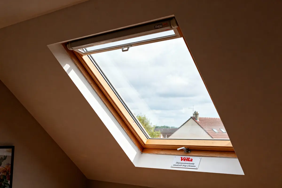 Fenêtre de toit ouverte sur ciel nuageux, vue sur maisons, intérieur mansardé, lumière naturelle infiltrant.