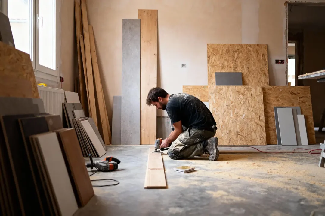 Homme travaillant le bois, agenouillé, utilisant une scie électrique dans un atelier de menuiserie avec panneaux et outils.