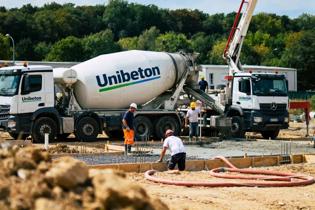 Camions-toupies Unibeton sur chantier, ouvriers coulant du béton, environnement forestier en arrière-plan.