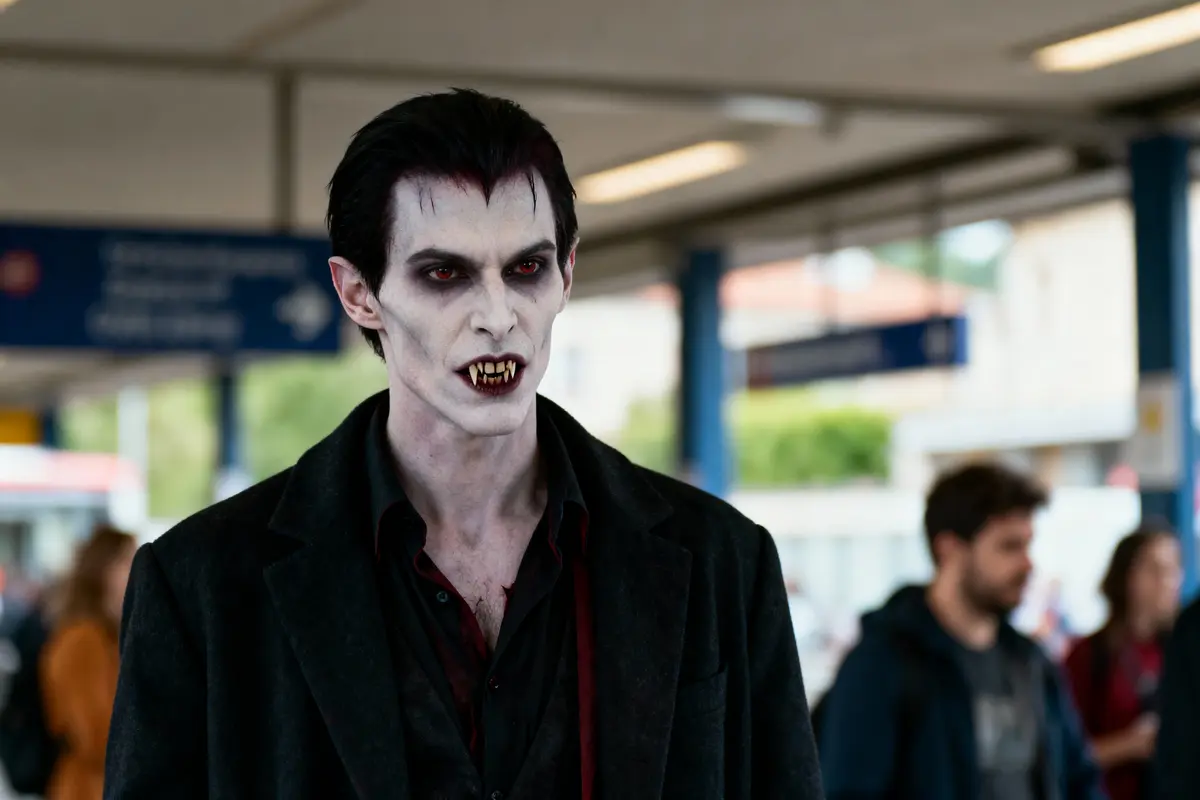 Homme déguisé en vampire, visage pâle et dents pointues, dans une gare avec des passants flous.