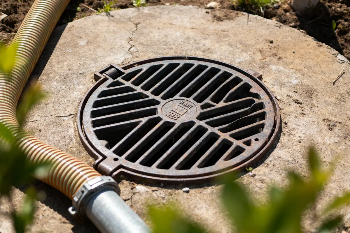 Grille d'égout en métal sur sol béton, tuyau flexible à proximité, verdure en avant-plan.