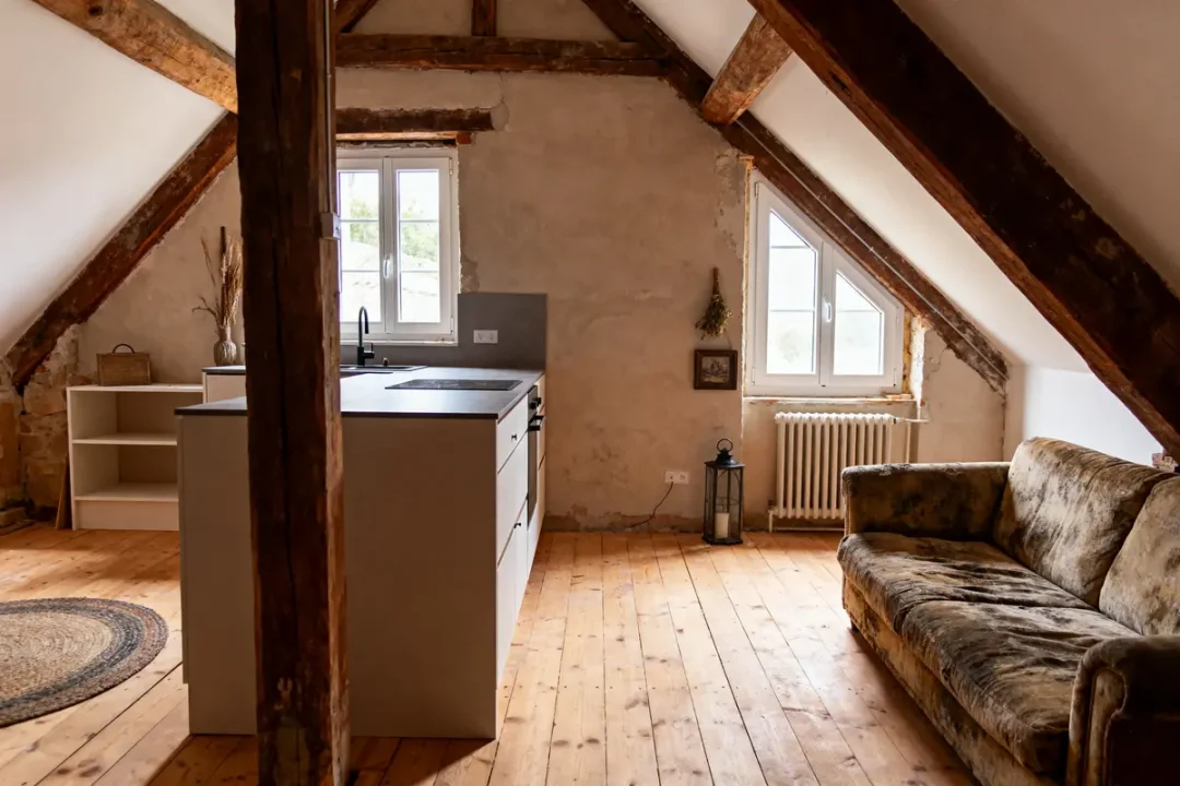 Cuisine ouverte avec ilot central, poutres apparentes, canapé marron, et fenêtres en combles aménagés, parquet bois.