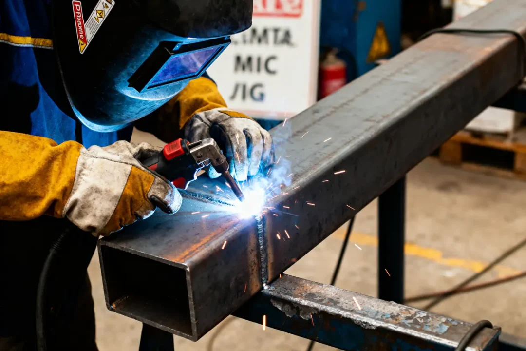 Soudeur portant un casque, effectuant une soudure sur une poutre métallique, étincelles visibles.