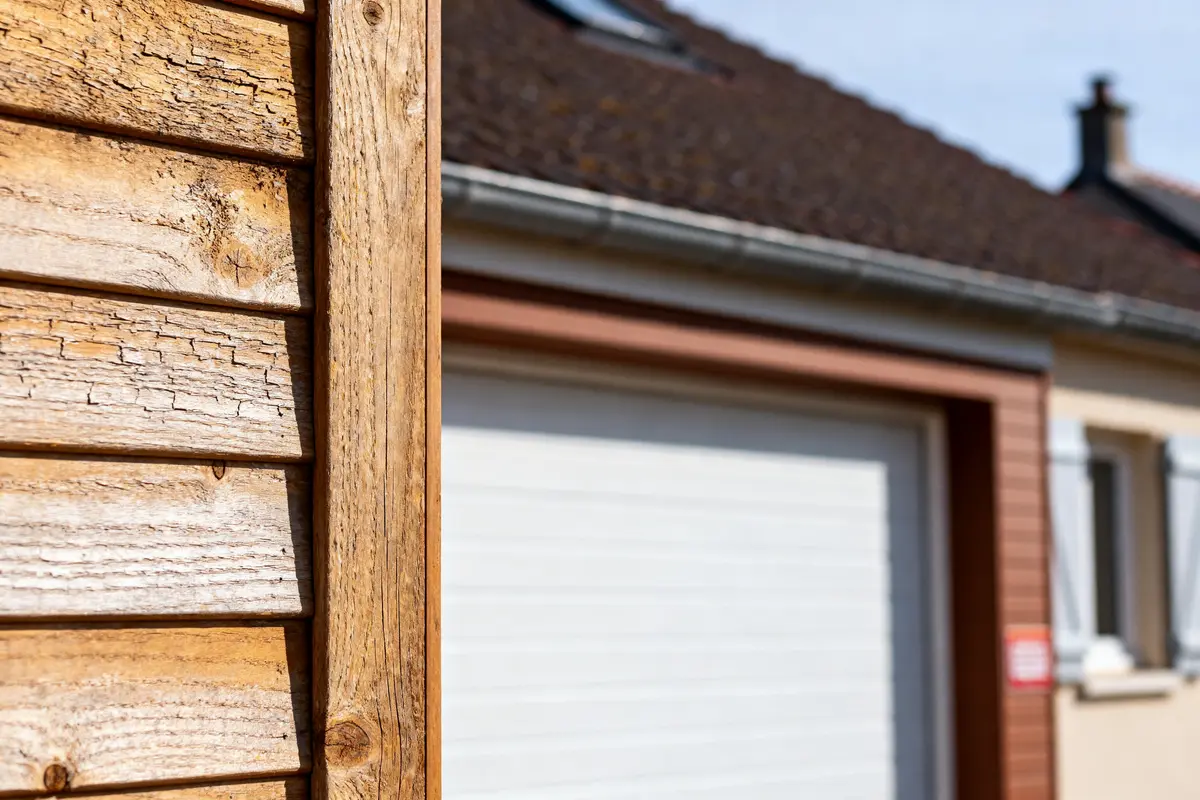 Gros plan d'un mur en bois avec une maison floue en arrière-plan, ciel bleu visible.